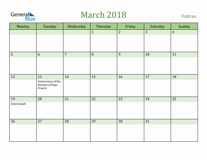 March 2018 Calendar with Vatican Holidays