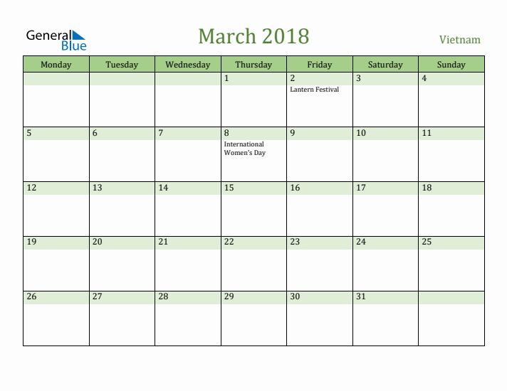 March 2018 Calendar with Vietnam Holidays