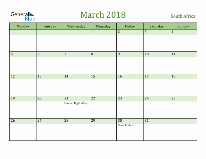 March 2018 Calendar with South Africa Holidays