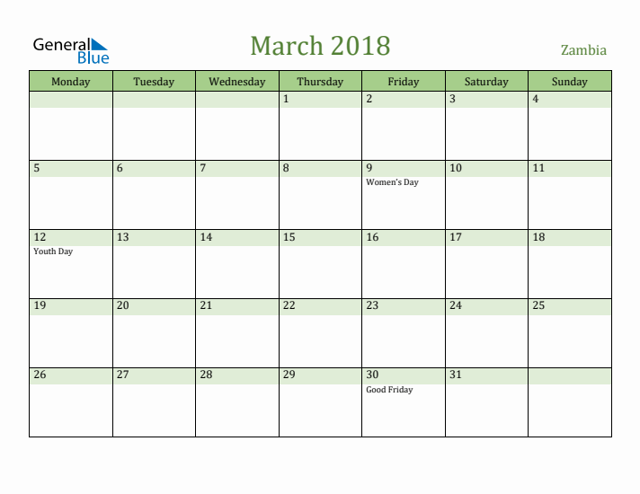 March 2018 Calendar with Zambia Holidays