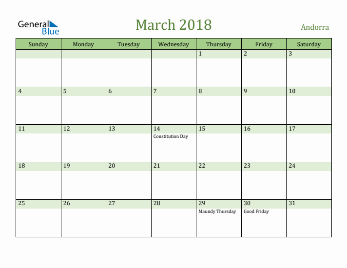 March 2018 Calendar with Andorra Holidays