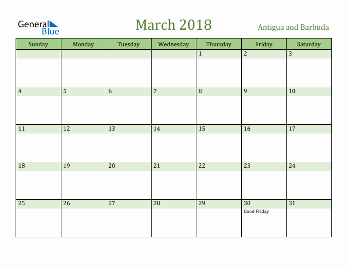 March 2018 Calendar with Antigua and Barbuda Holidays