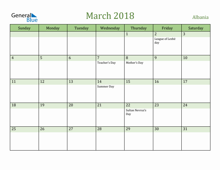 March 2018 Calendar with Albania Holidays