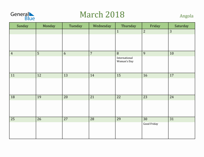 March 2018 Calendar with Angola Holidays
