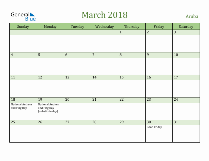 March 2018 Calendar with Aruba Holidays