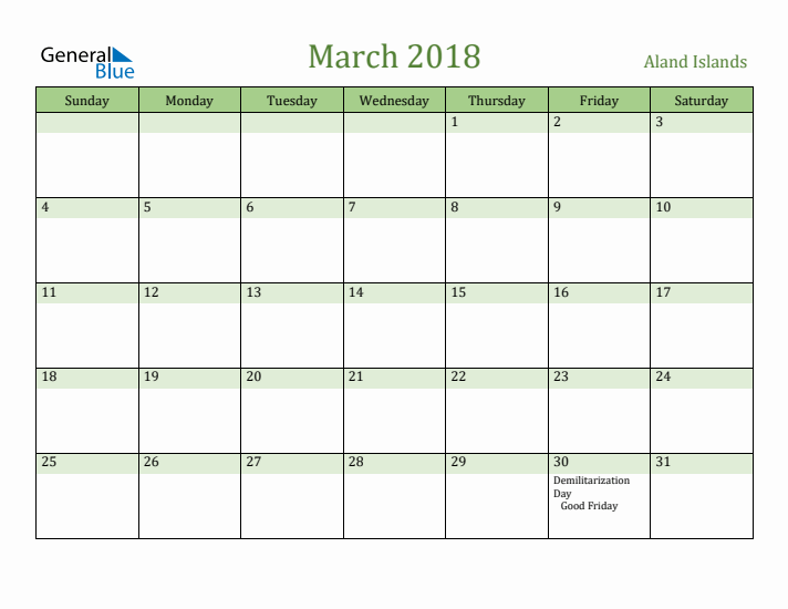 March 2018 Calendar with Aland Islands Holidays