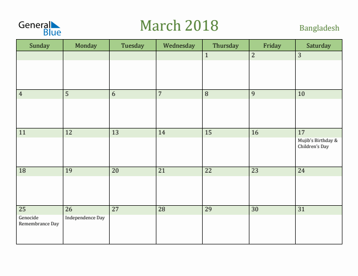 March 2018 Calendar with Bangladesh Holidays