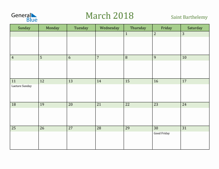 March 2018 Calendar with Saint Barthelemy Holidays