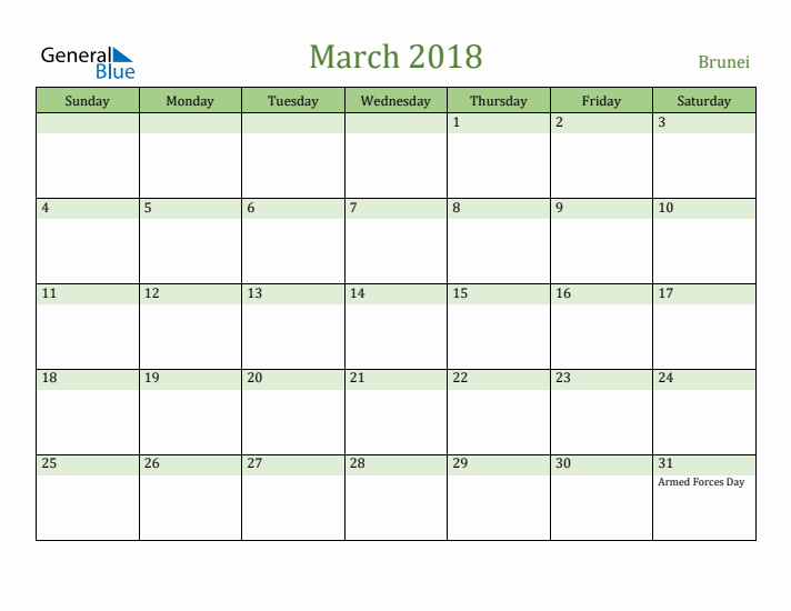 March 2018 Calendar with Brunei Holidays
