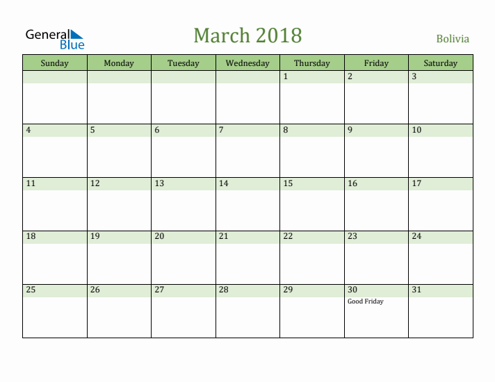 March 2018 Calendar with Bolivia Holidays