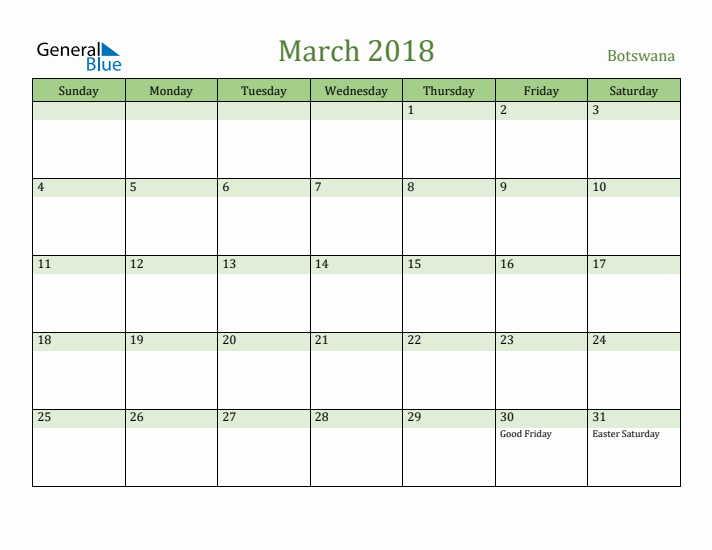 March 2018 Calendar with Botswana Holidays
