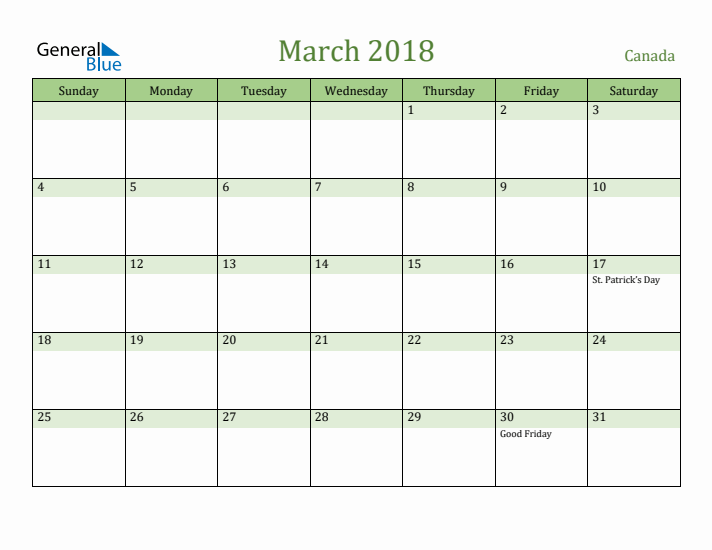 March 2018 Calendar with Canada Holidays