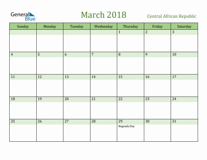 March 2018 Calendar with Central African Republic Holidays