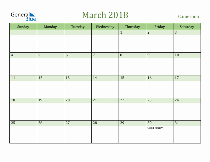 March 2018 Calendar with Cameroon Holidays
