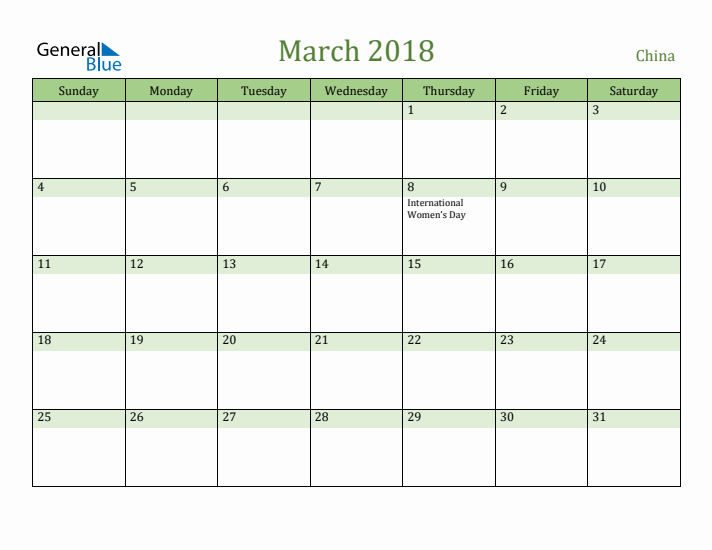 March 2018 Calendar with China Holidays