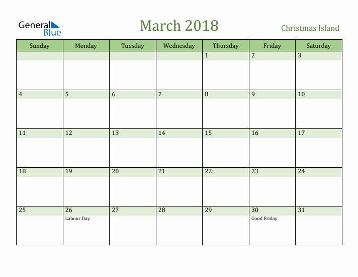 March 2018 Calendar with Christmas Island Holidays