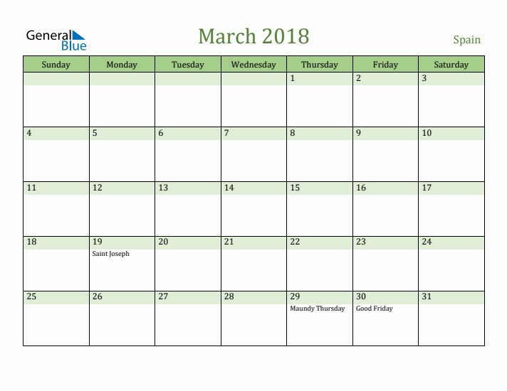 March 2018 Calendar with Spain Holidays
