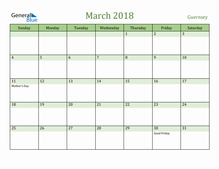 March 2018 Calendar with Guernsey Holidays