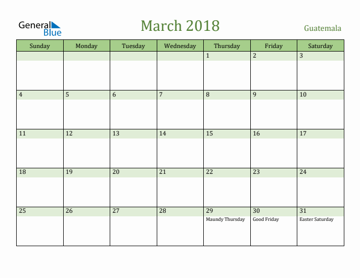 March 2018 Calendar with Guatemala Holidays