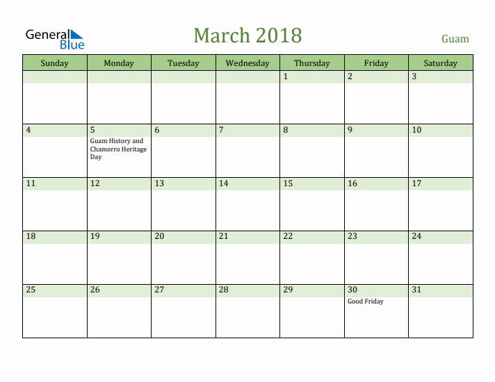 March 2018 Calendar with Guam Holidays
