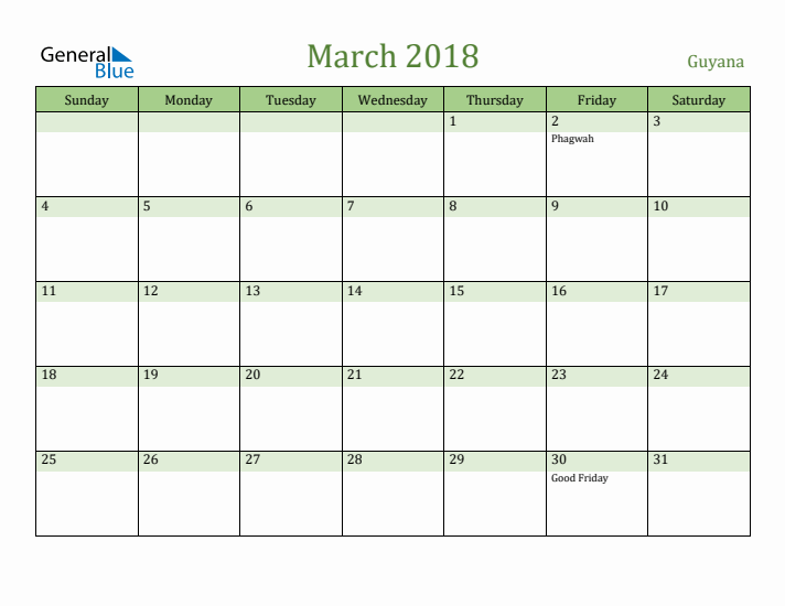 March 2018 Calendar with Guyana Holidays