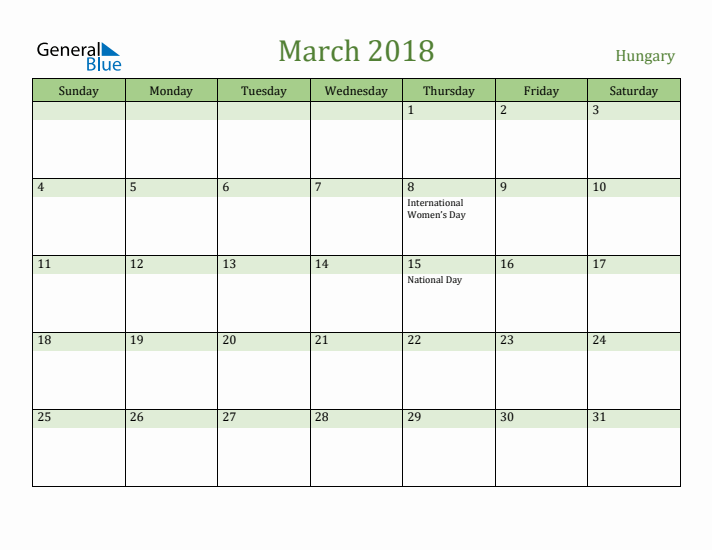 March 2018 Calendar with Hungary Holidays