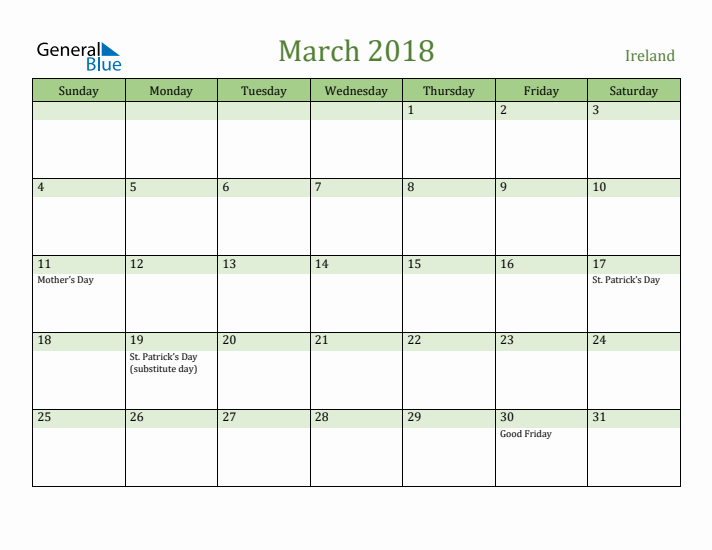 March 2018 Calendar with Ireland Holidays