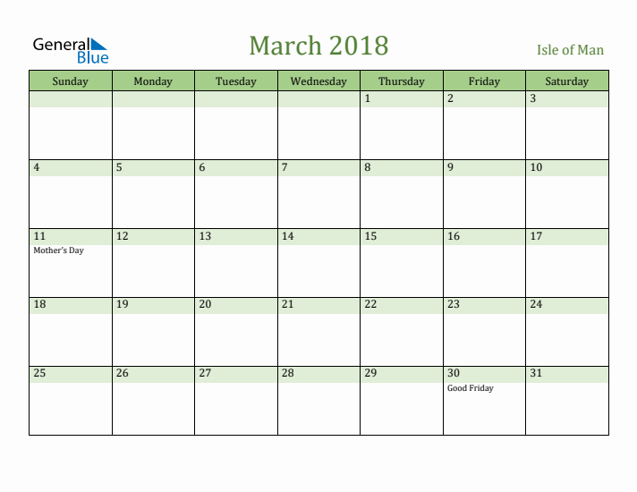 March 2018 Calendar with Isle of Man Holidays