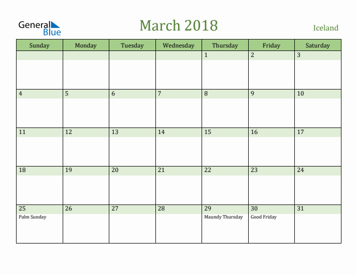 March 2018 Calendar with Iceland Holidays