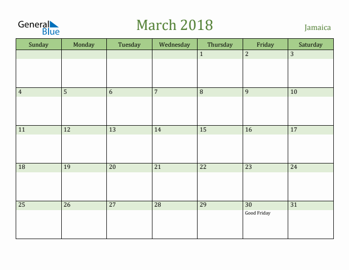 March 2018 Calendar with Jamaica Holidays