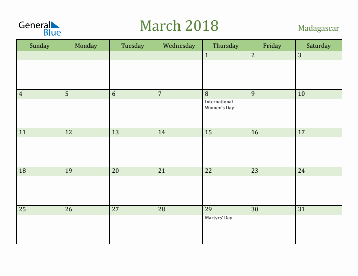 March 2018 Calendar with Madagascar Holidays