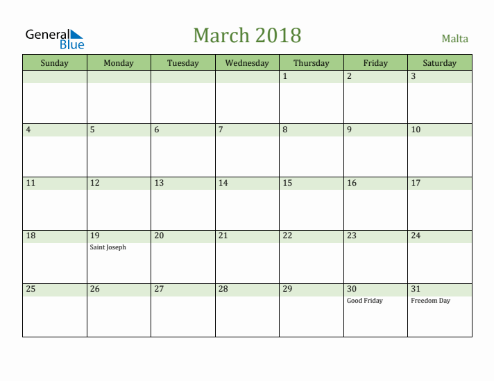 March 2018 Calendar with Malta Holidays