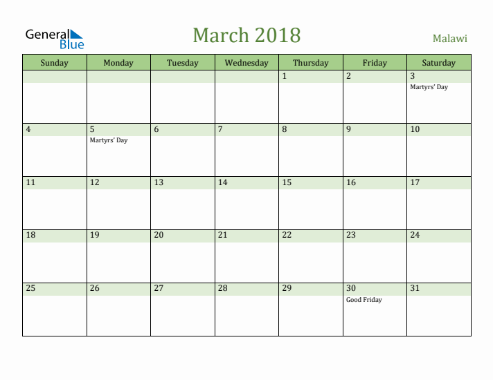 March 2018 Calendar with Malawi Holidays