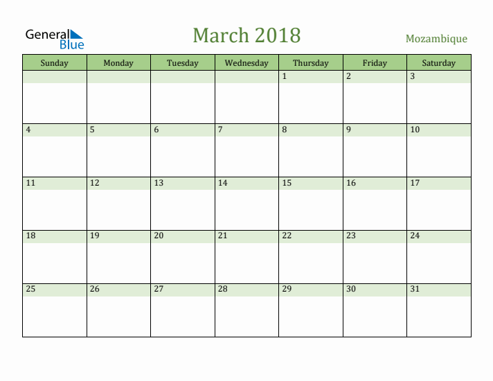 March 2018 Calendar with Mozambique Holidays