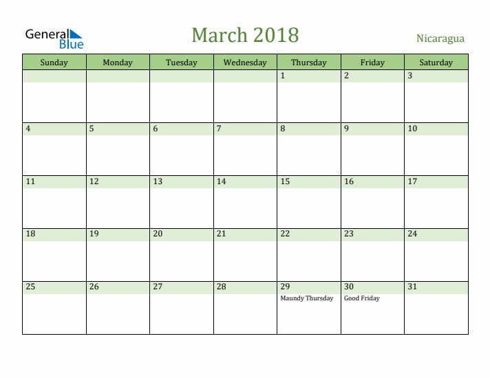 March 2018 Calendar with Nicaragua Holidays