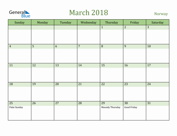 March 2018 Calendar with Norway Holidays