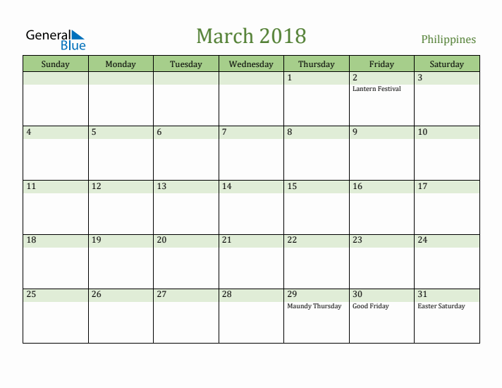 March 2018 Calendar with Philippines Holidays