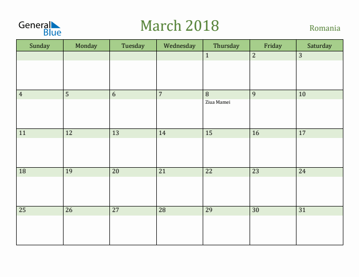 March 2018 Calendar with Romania Holidays