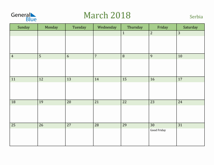 March 2018 Calendar with Serbia Holidays