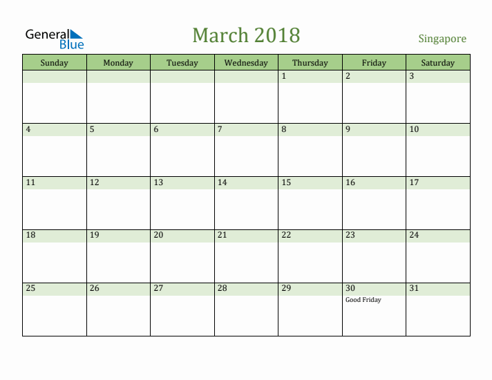 March 2018 Calendar with Singapore Holidays