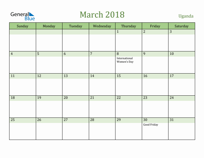 March 2018 Calendar with Uganda Holidays