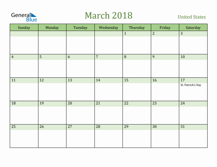 March 2018 Calendar with United States Holidays