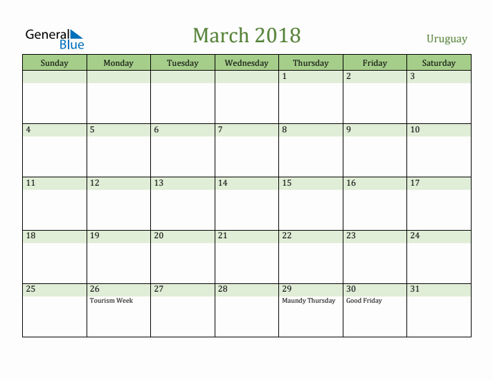 March 2018 Calendar with Uruguay Holidays
