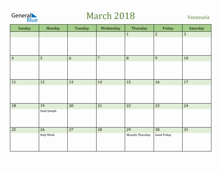 March 2018 Calendar with Venezuela Holidays