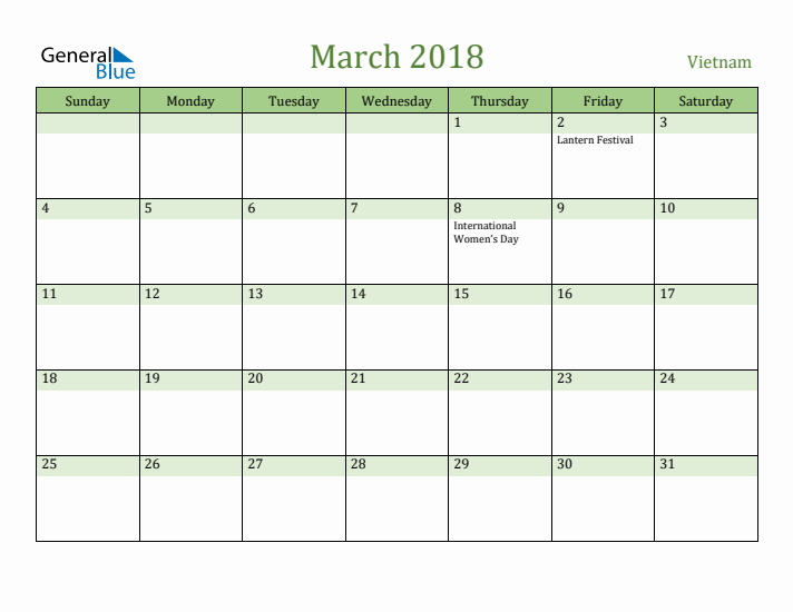 March 2018 Calendar with Vietnam Holidays