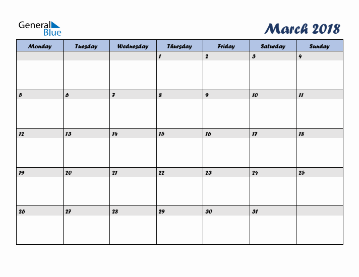 March 2018 Blue Calendar (Monday Start)