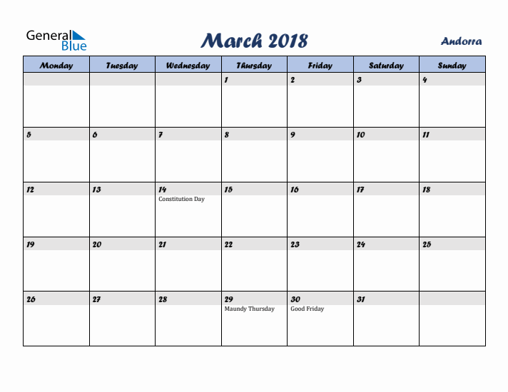 March 2018 Calendar with Holidays in Andorra