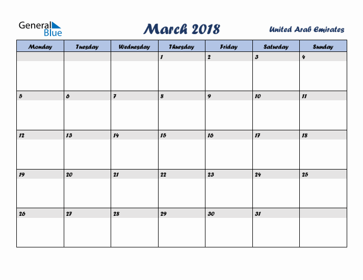 March 2018 Calendar with Holidays in United Arab Emirates