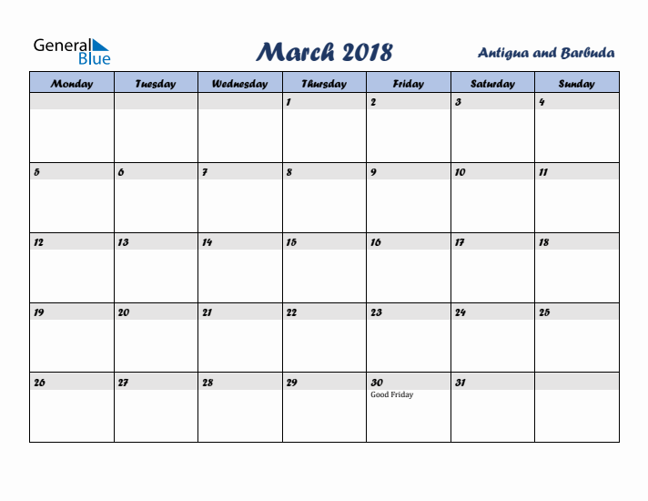 March 2018 Calendar with Holidays in Antigua and Barbuda