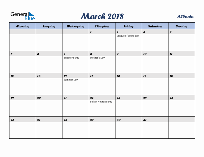 March 2018 Calendar with Holidays in Albania
